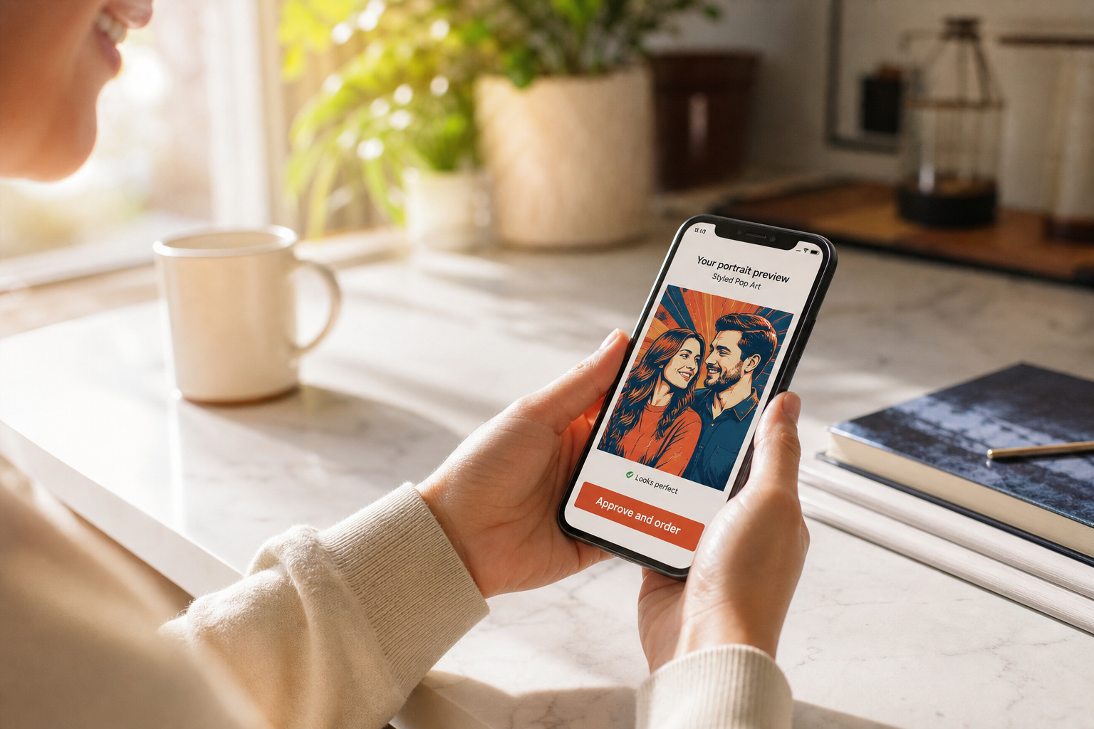 Hands holding a phone showing a styled portrait preview with an Approve and Order button
