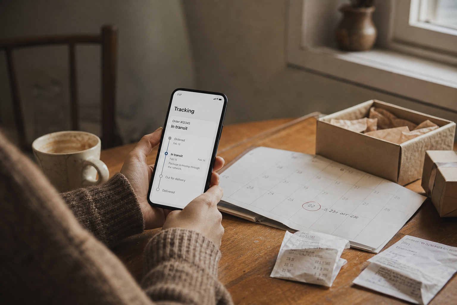 A person at a kitchen table holding a phone showing a tracking page that says 'in transit' with a calendar marked with an upcoming date