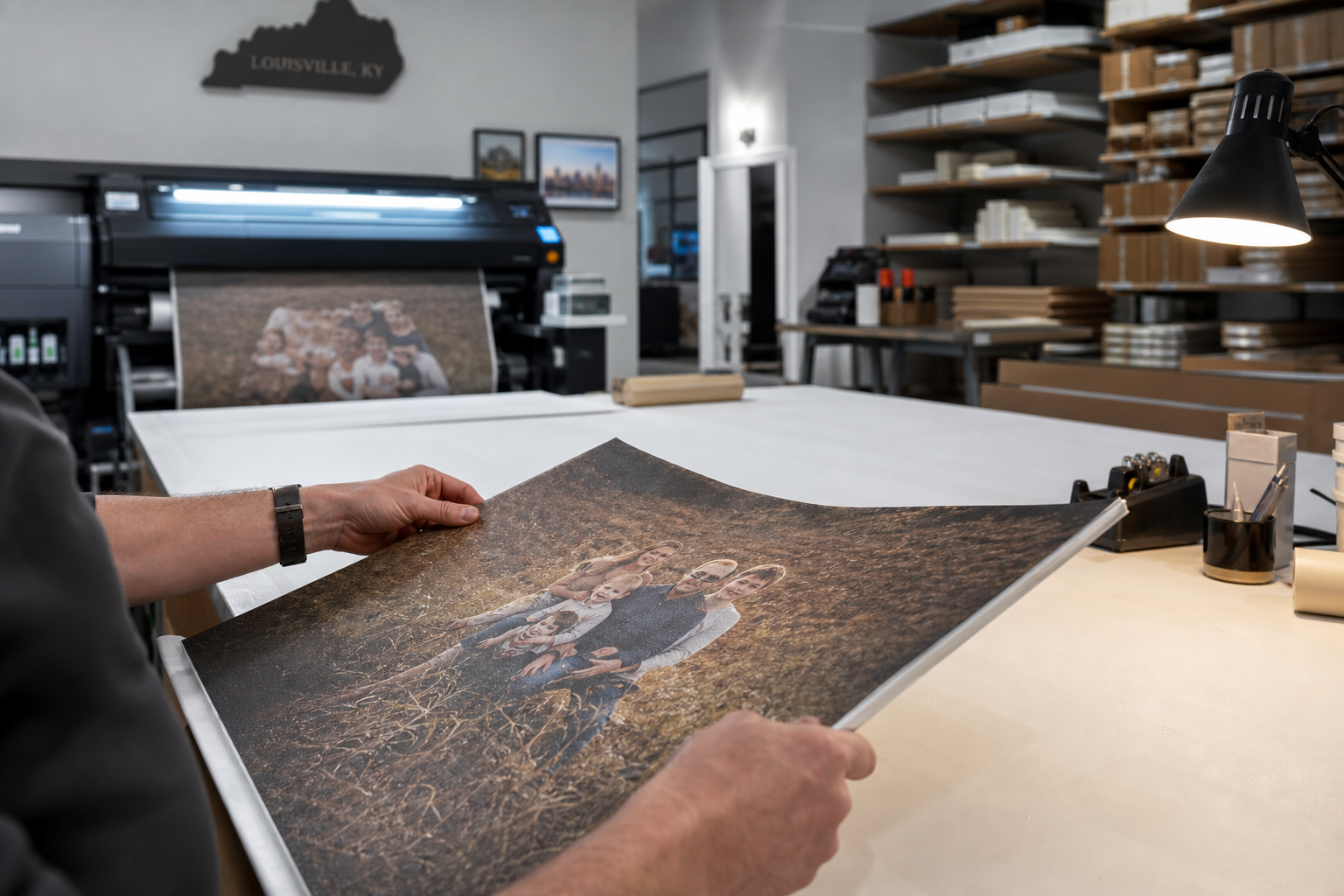 Inside the Havjoy print studio in Louisville Kentucky, hands inspecting a freshly printed canvas portrait